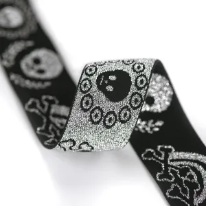 1 1/2 inch (38 mm) Colored Black and Silver Glitter Happy Skull and Bones Elastic, Waistband Elastic