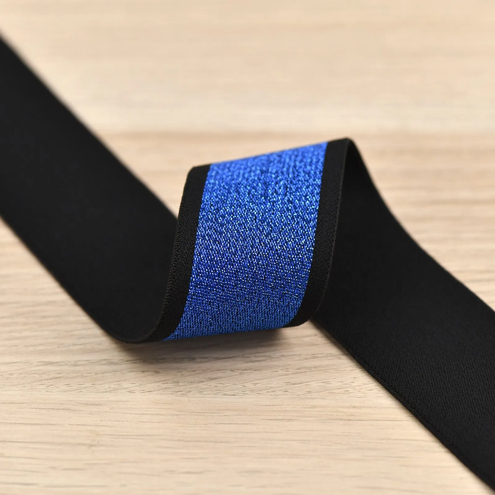 1.5 inch (38 mm) Wide Blue/Gold/Silver Glitter Black Elastic Band- 1 Yard