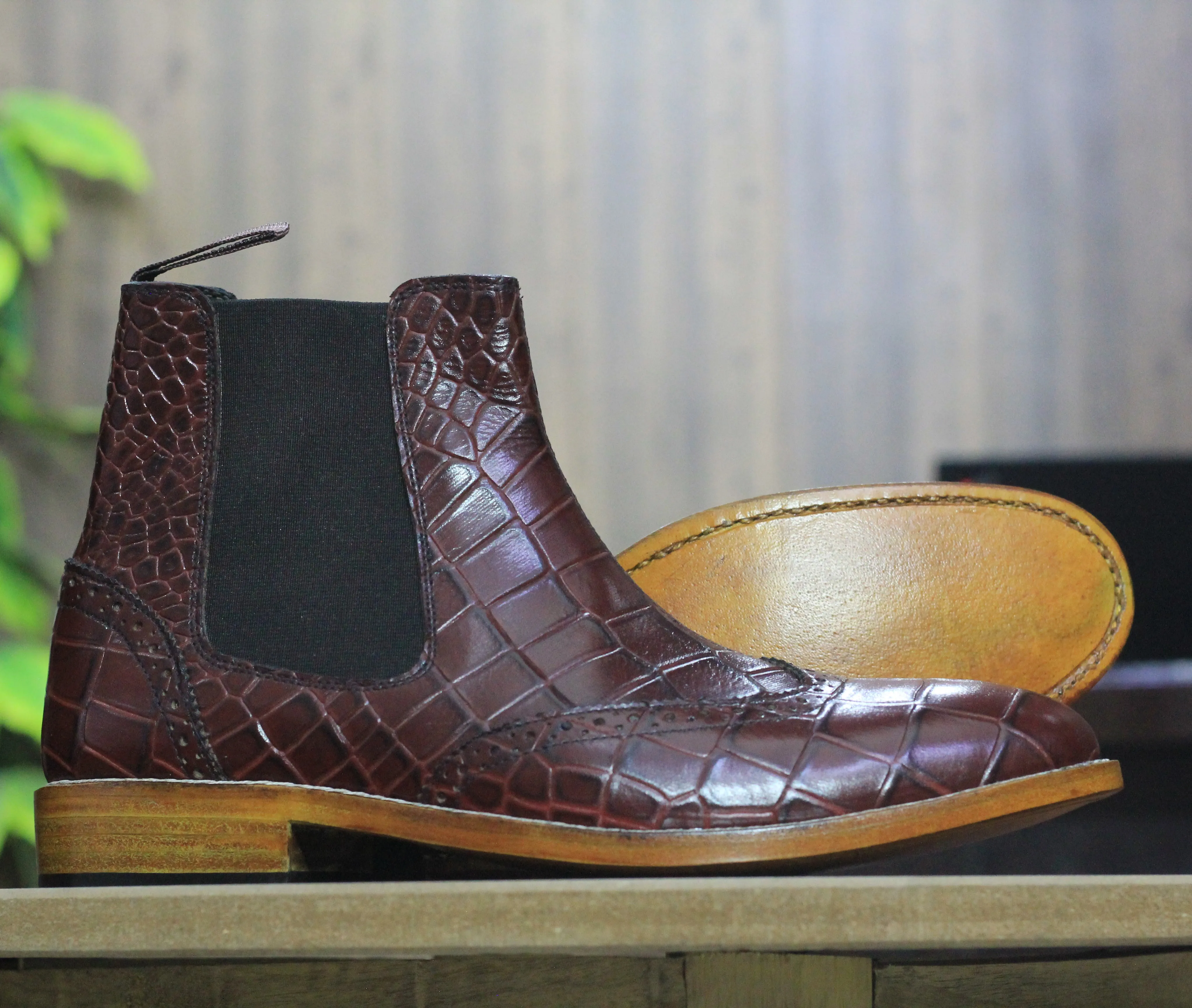 Ankle High Brown Chelsea Alligator Print Leather Boot For Men's