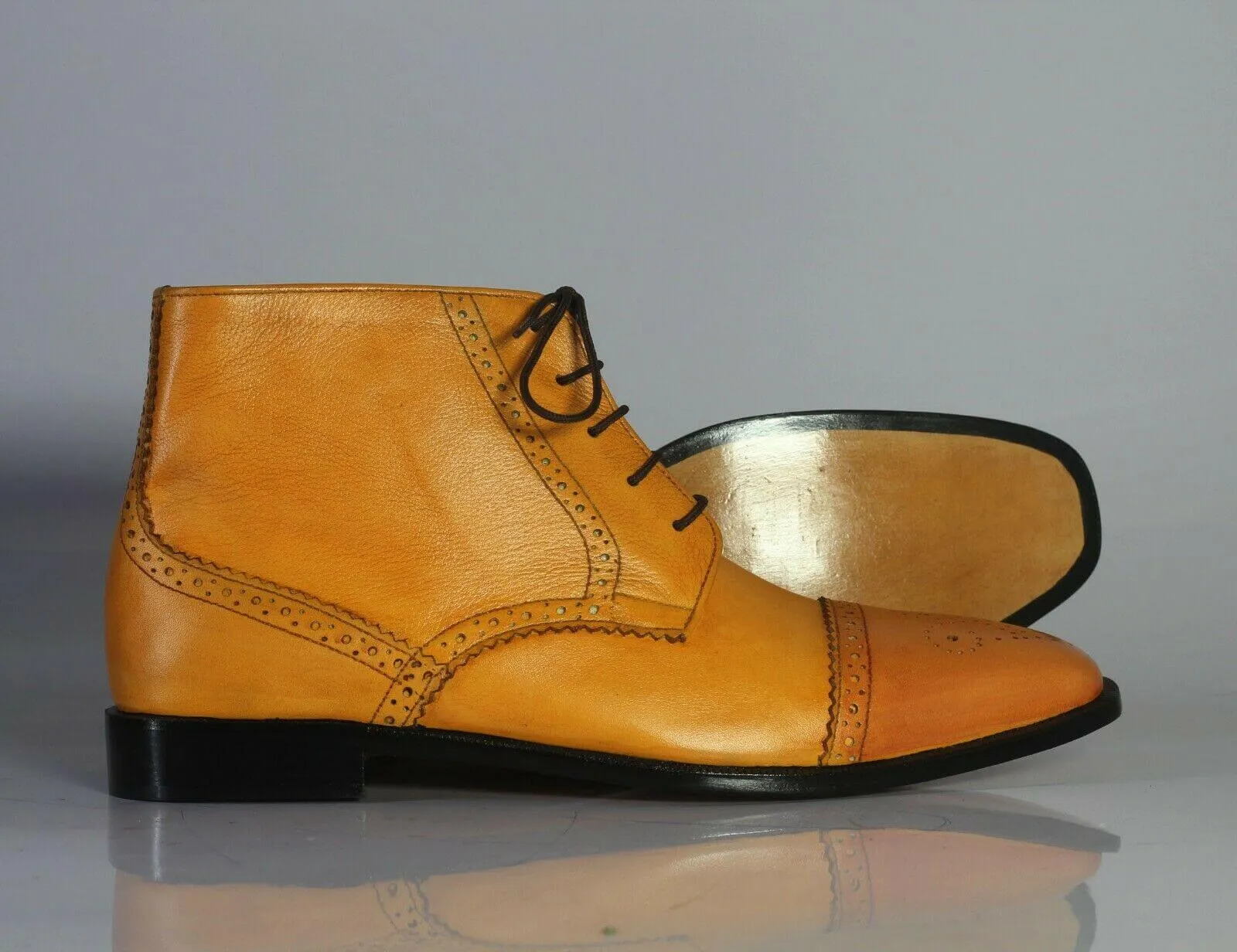 Ankle High Tan Cap Toe Leather Boot For Men's