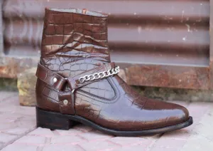 Bespoke Brown Madrid Strap Side Zip Alligator Leather Ankle Boot,For Men's