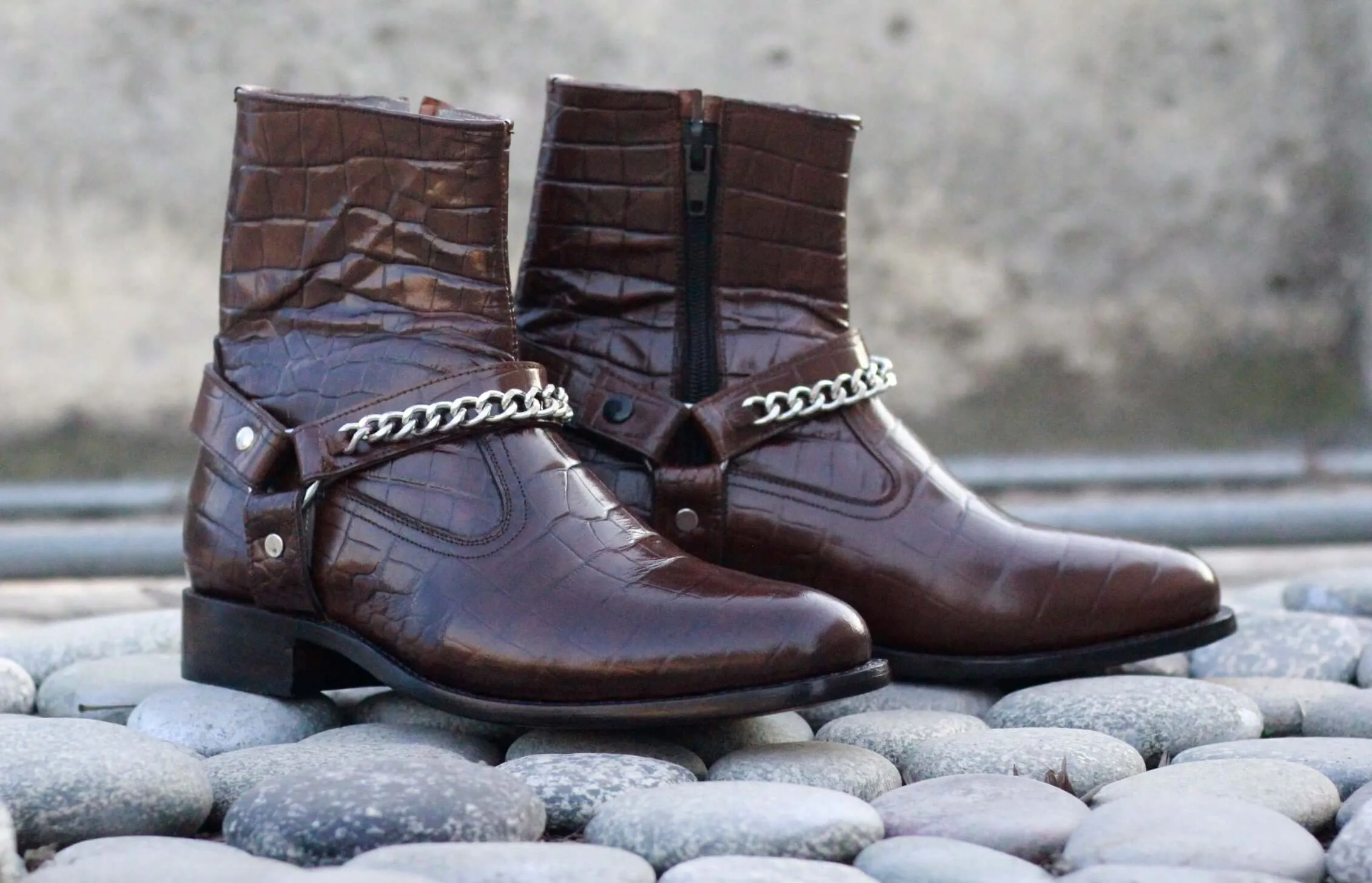 Bespoke Brown Madrid Strap Side Zip Alligator Leather Ankle Boot,For Men's