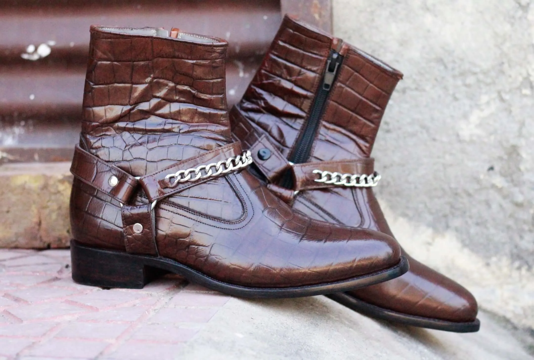 Bespoke Brown Madrid Strap Side Zip Alligator Leather Ankle Boot,For Men's