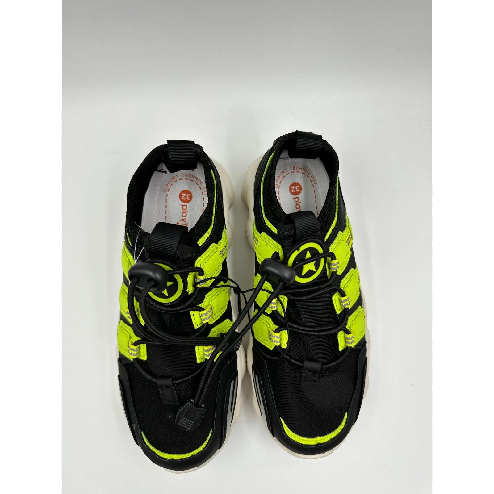 Big Kid/Y Size 1, Black Slip-on Sneakers w/ Elastic Cinch Laces & Neon Accents