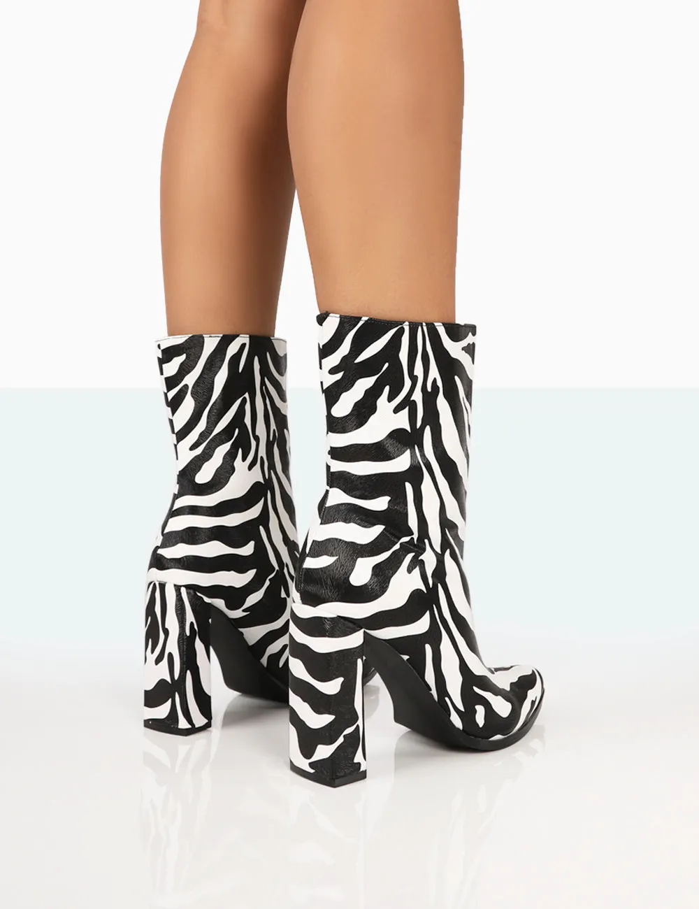 Bridget Zebra Printed PU Pointed Toe Block Heeled Ankle Boots