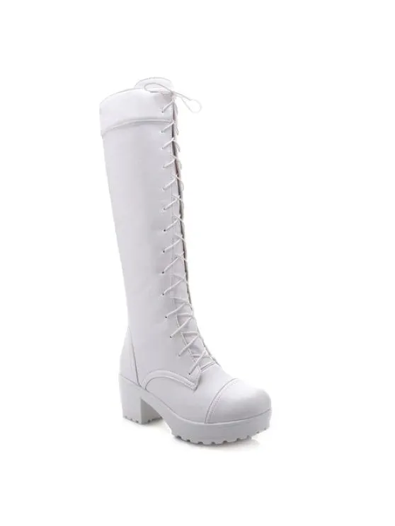 Cute Stylish Front Lace-Up and Chunky Heel Design Knee-High Boots For Women