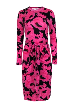 Diane von Furstenberg - Black & Pink Floral Knit Dress w/ Waist Tie Sz S