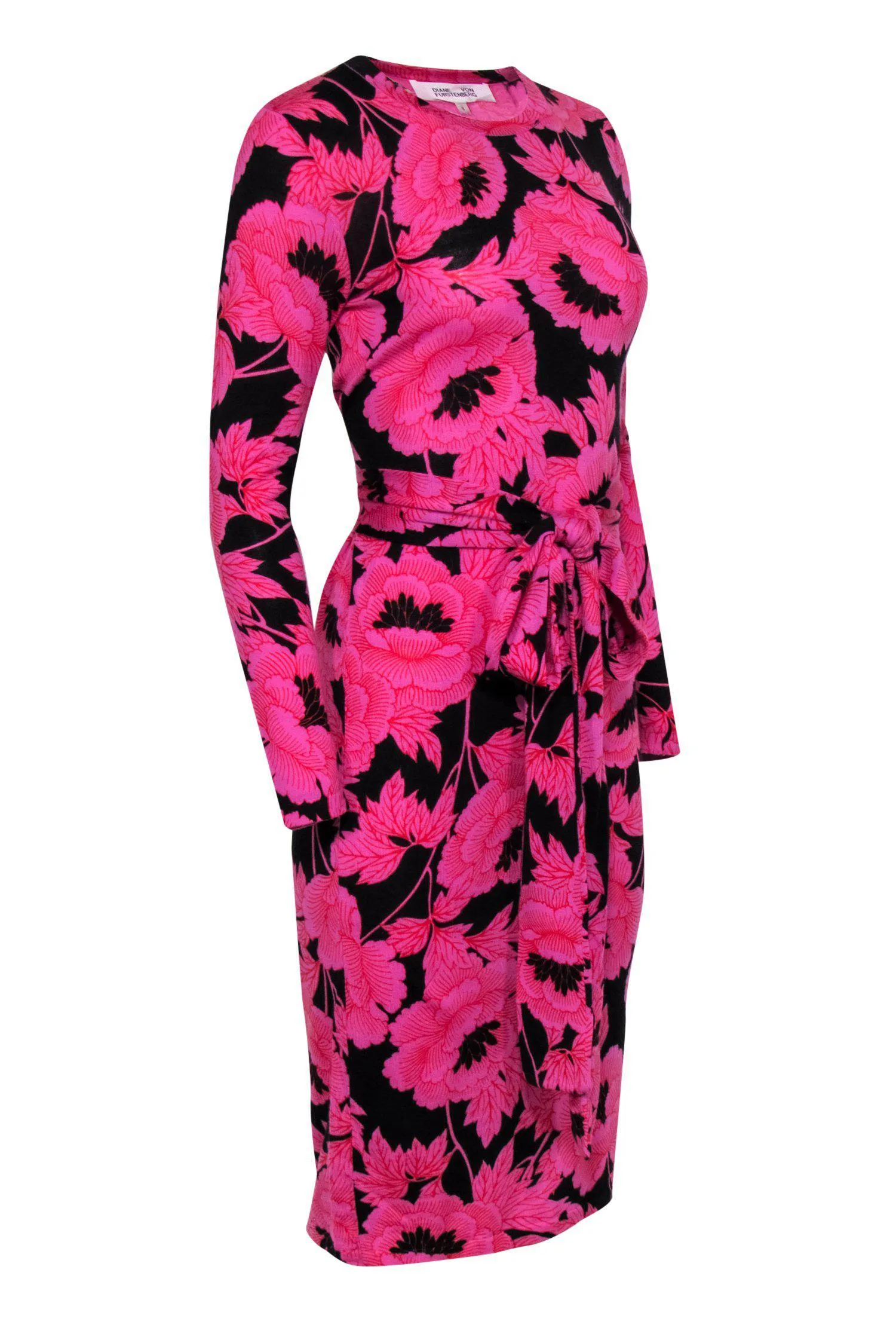 Diane von Furstenberg - Black & Pink Floral Knit Dress w/ Waist Tie Sz S