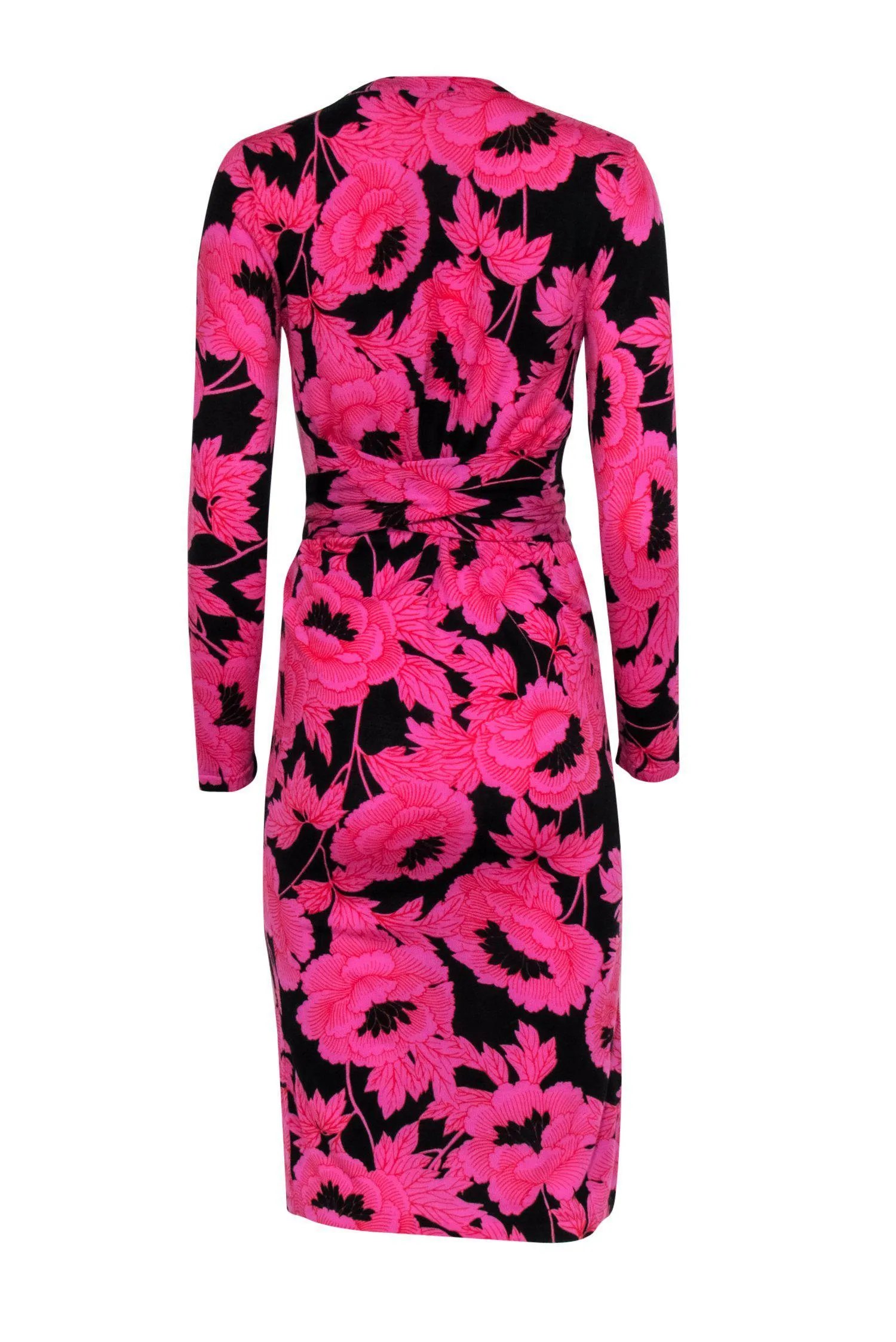 Diane von Furstenberg - Black & Pink Floral Knit Dress w/ Waist Tie Sz S