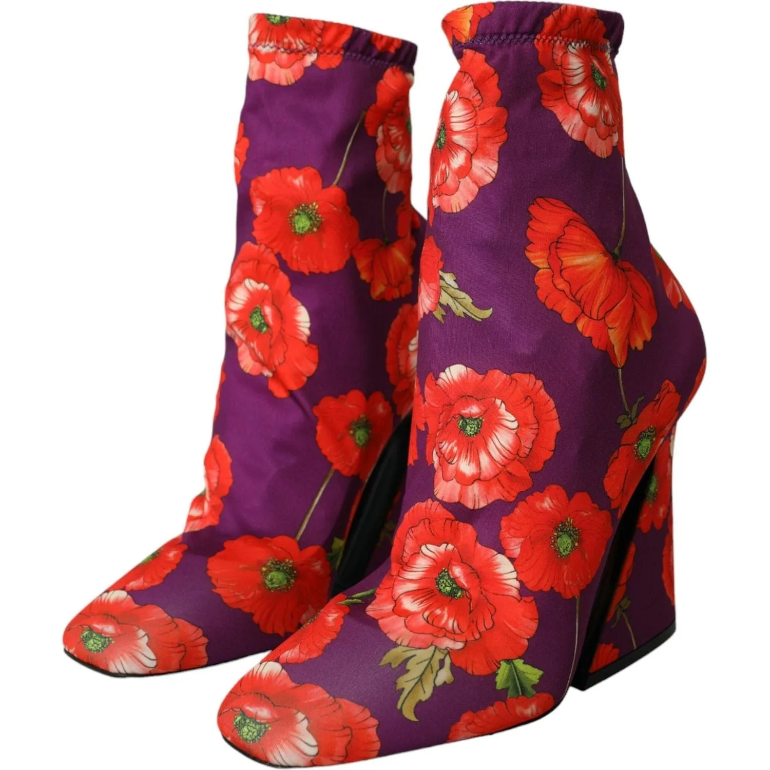 Dolce & Gabbana Purple Floral Jersey Stretch Boots Shoes