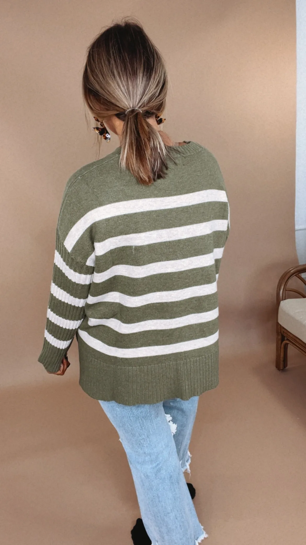 Easy Wear Striped Sweater, Olive