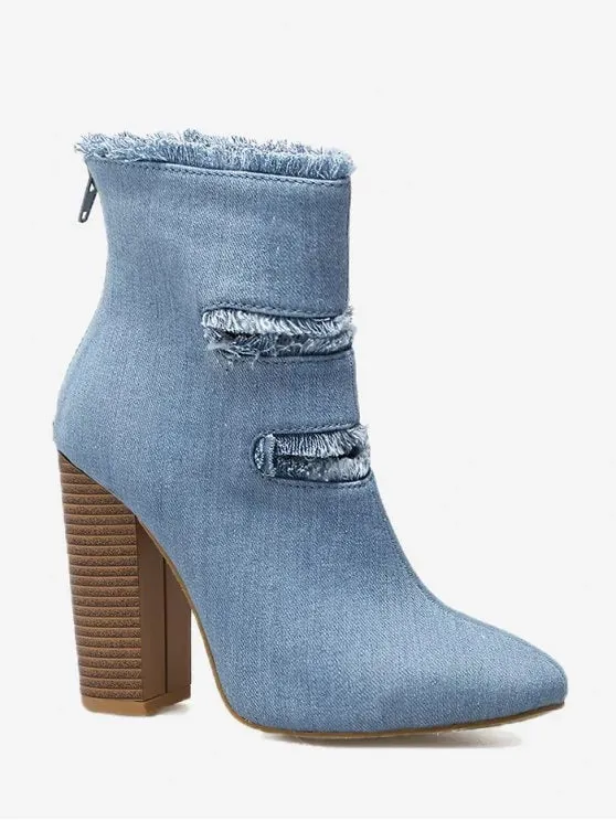 Fashion Denim Raw Trim Ankle Boots