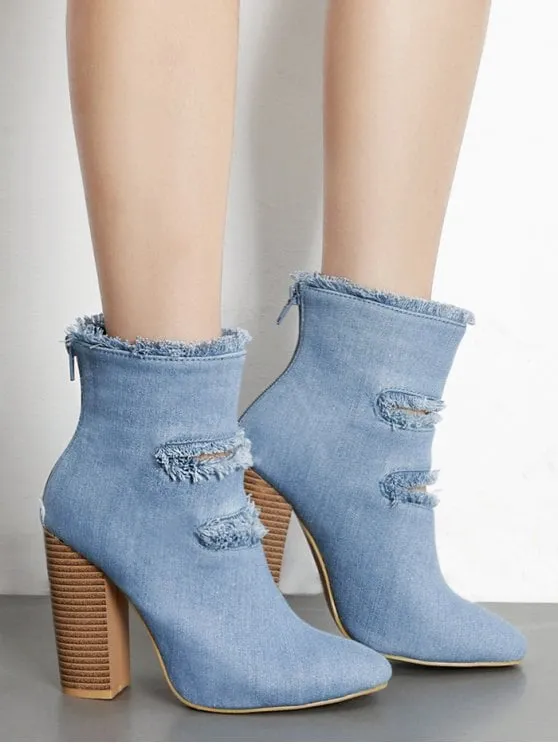 Fashion Denim Raw Trim Ankle Boots