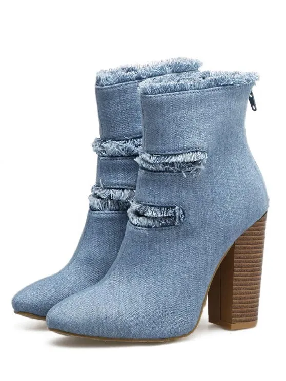 Fashion Denim Raw Trim Ankle Boots