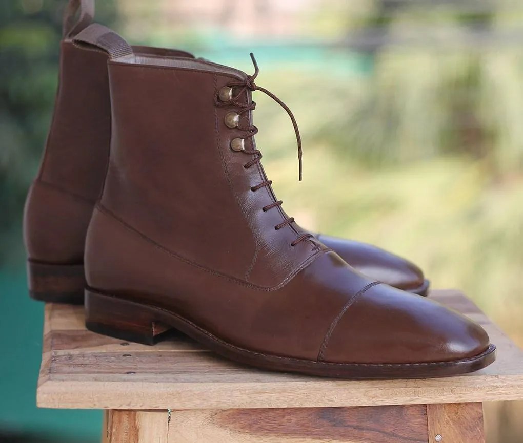 Handmade Brown Ankle High Boot For Men