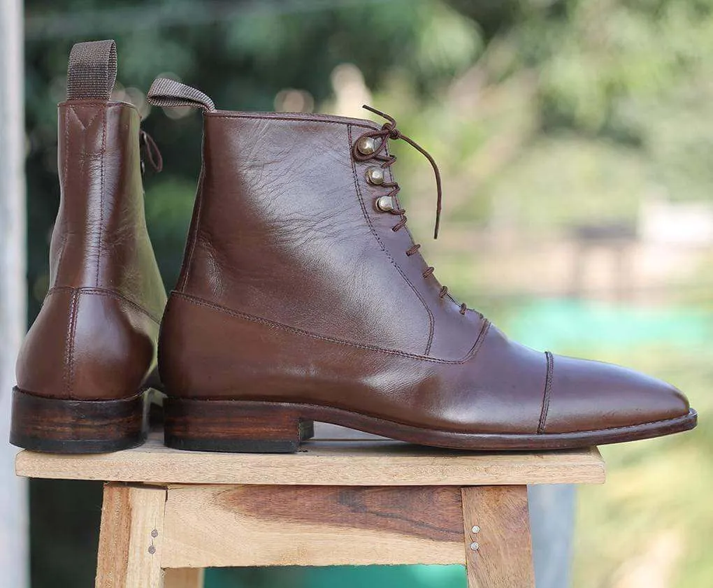 Handmade Brown Ankle High Boot For Men