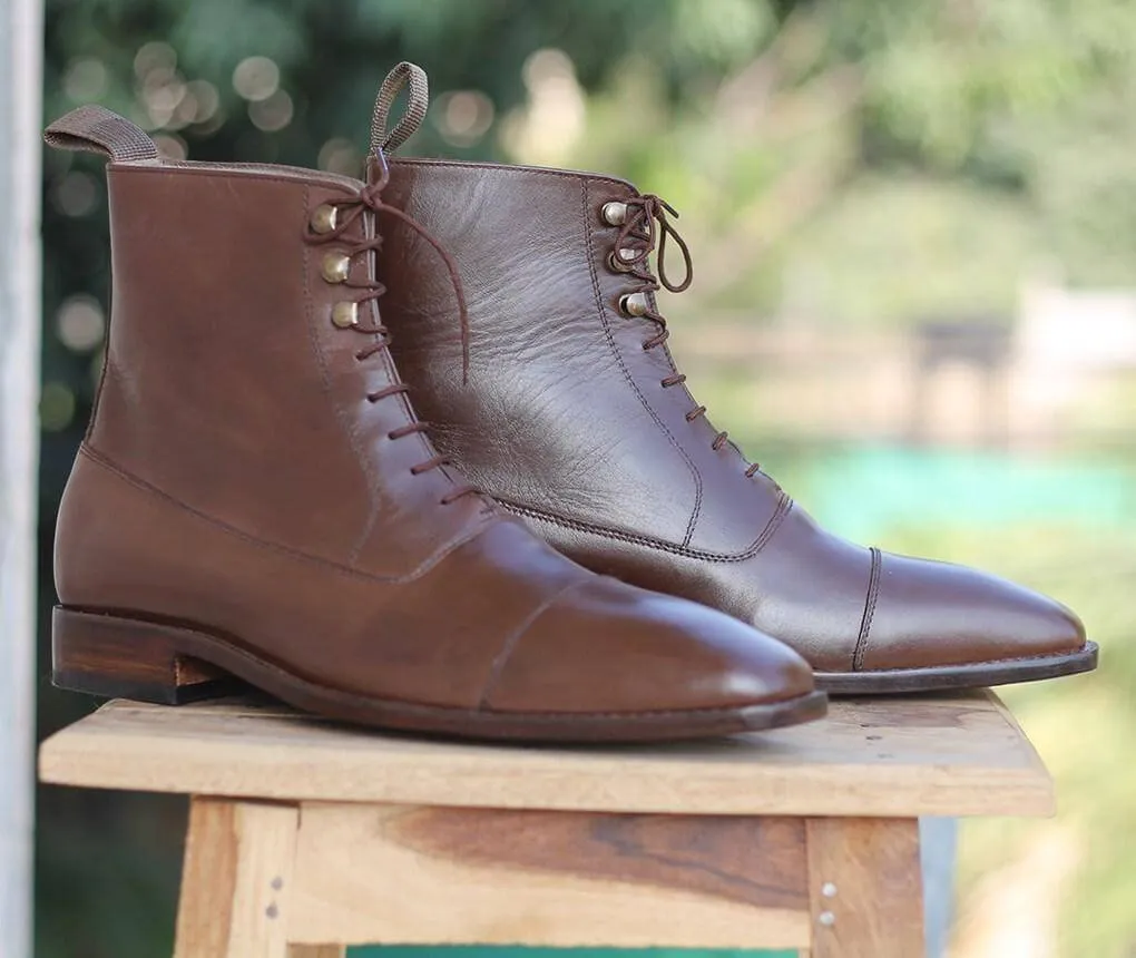 Handmade Brown Ankle High Boot For Men