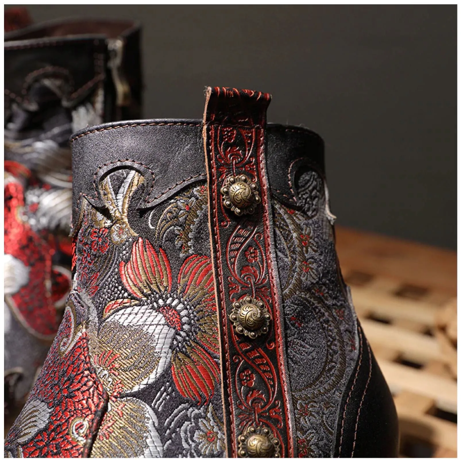 JOHNNATURE  Leather Handmade & Embroidered High Heel Ankle Boots with Flower Design