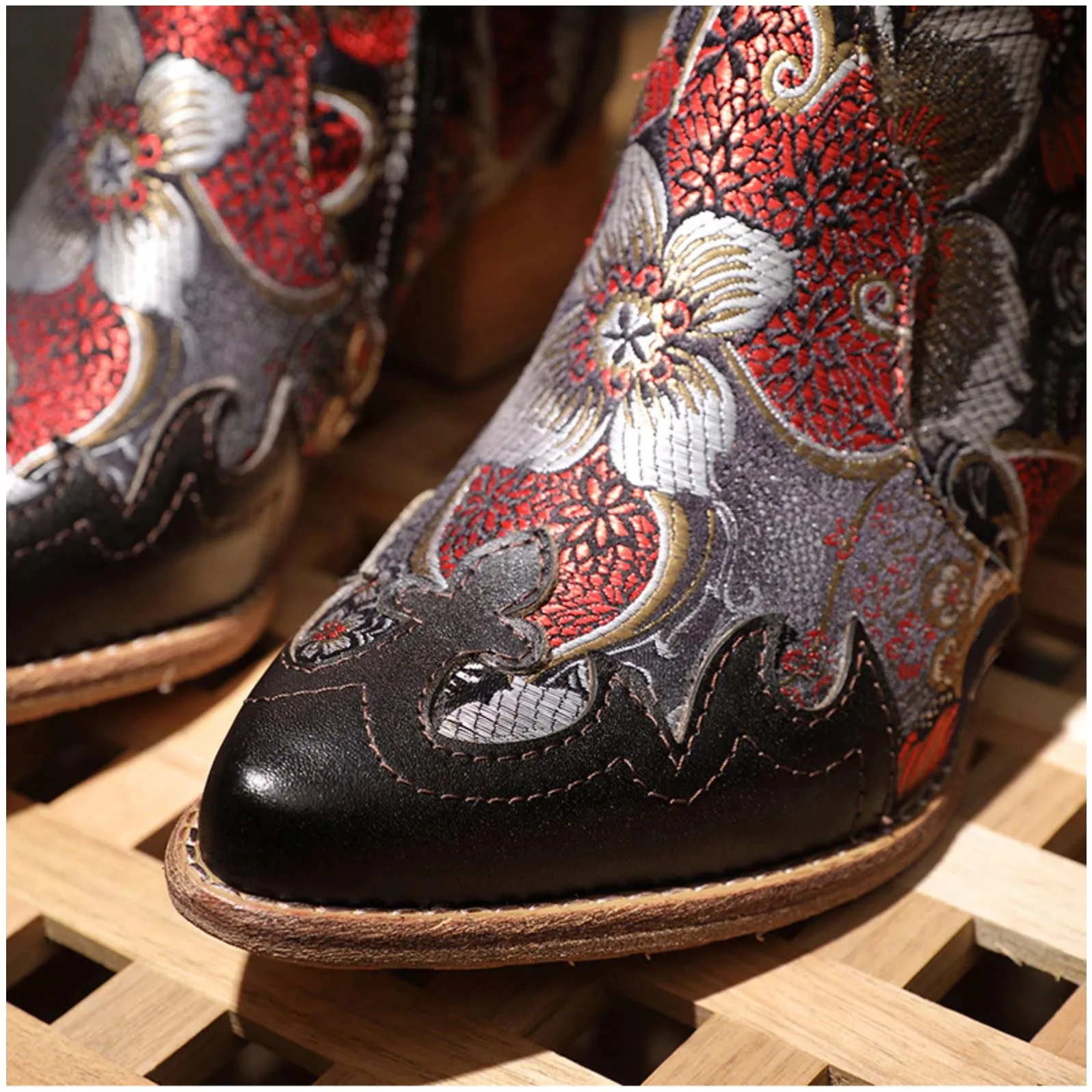 JOHNNATURE  Leather Handmade & Embroidered High Heel Ankle Boots with Flower Design