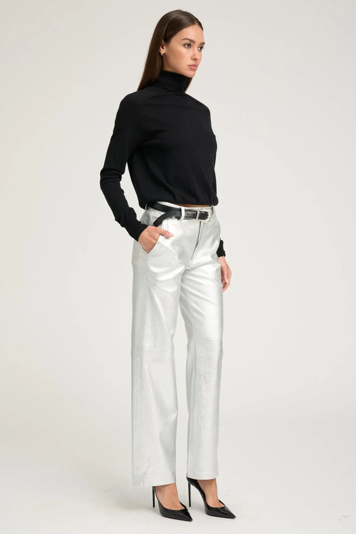 Metallic Silver Leather Classic Trousers