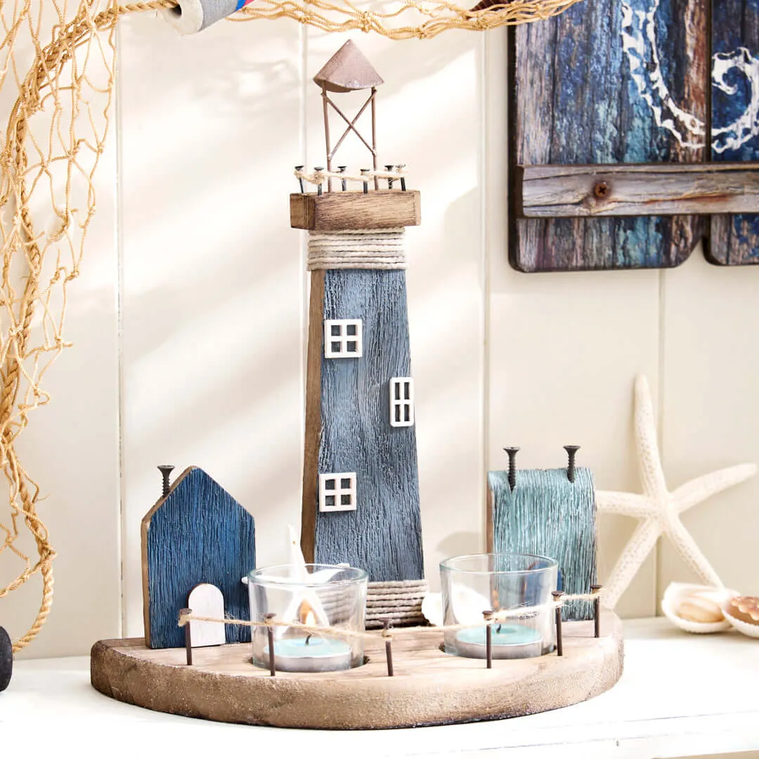 Nautical Lighthouse with Coastal Scene and Tea Light Holder - Blue