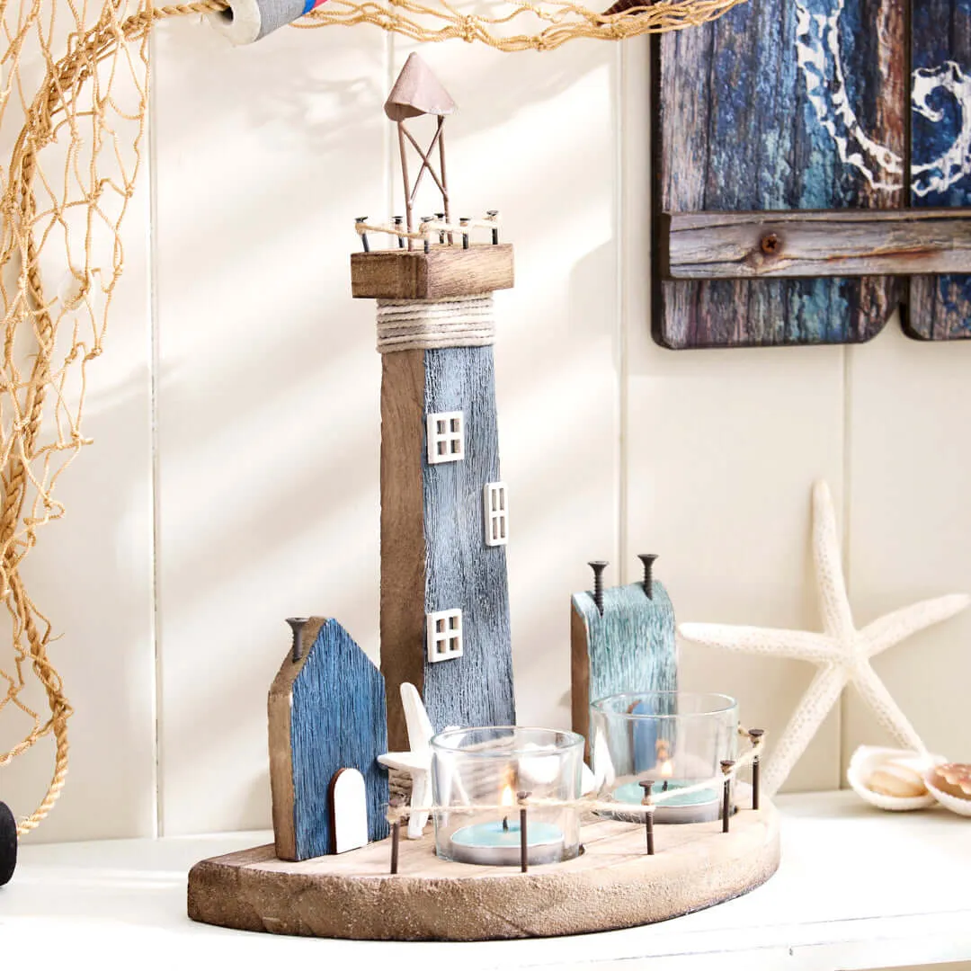 Nautical Lighthouse with Coastal Scene and Tea Light Holder - Blue