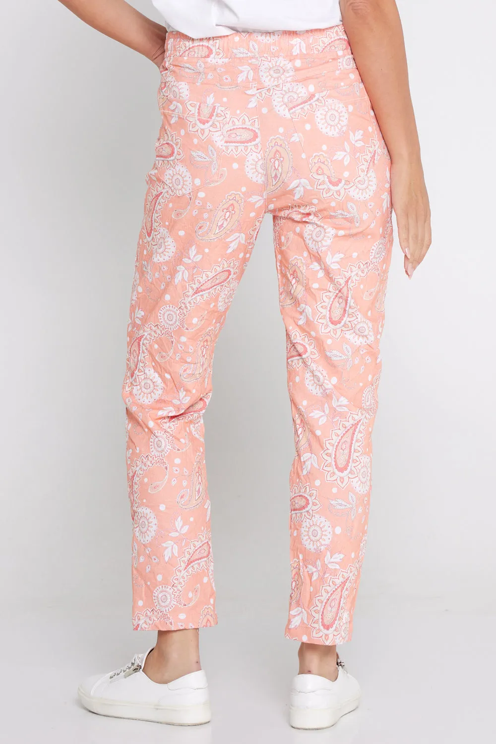 Printed Crushed Drawstring Pants - Peach Paisley