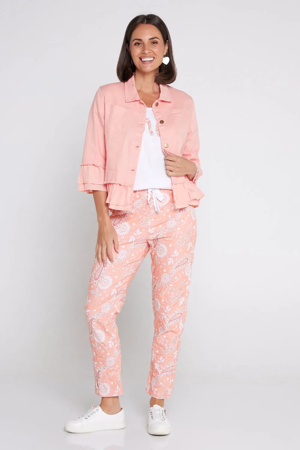 Printed Crushed Drawstring Pants - Peach Paisley