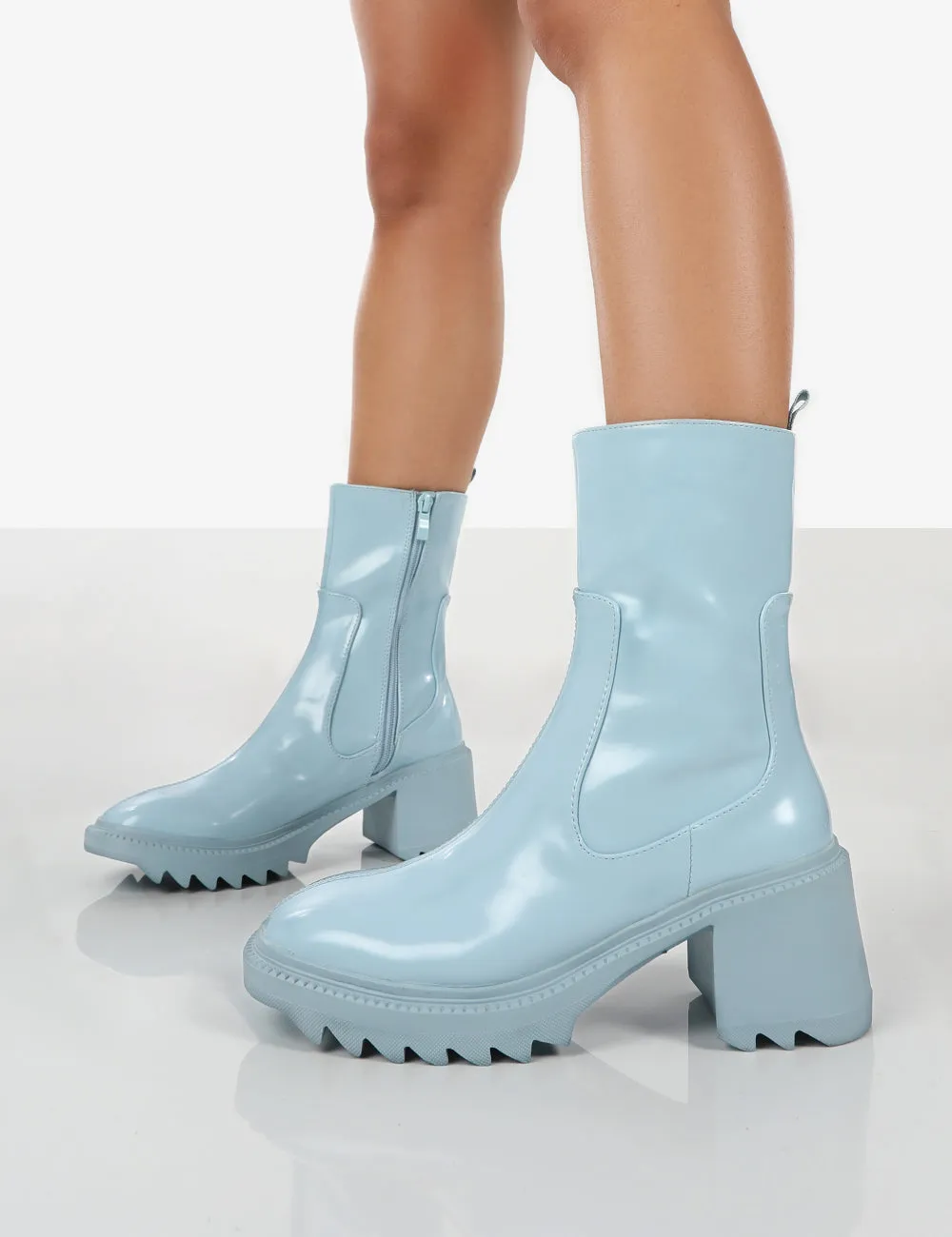 Sway Baby Blue PU Heeled Wellies Ankle Boots