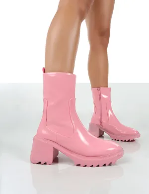 Sway Pink PU Heeled Wellies Ankle Boots