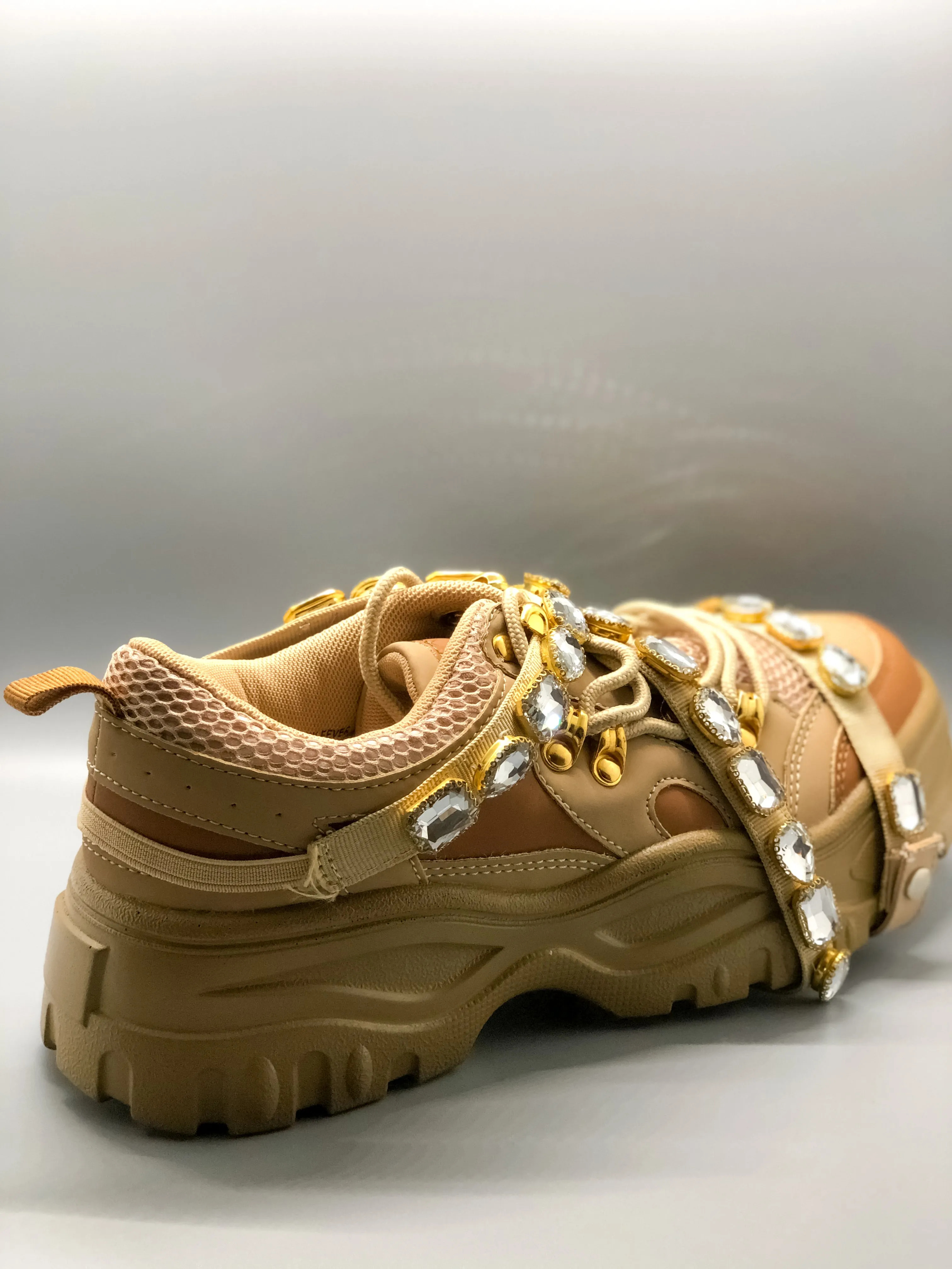 Tan Mesh Trim Jeweled Straps Lug Sole Sneaker