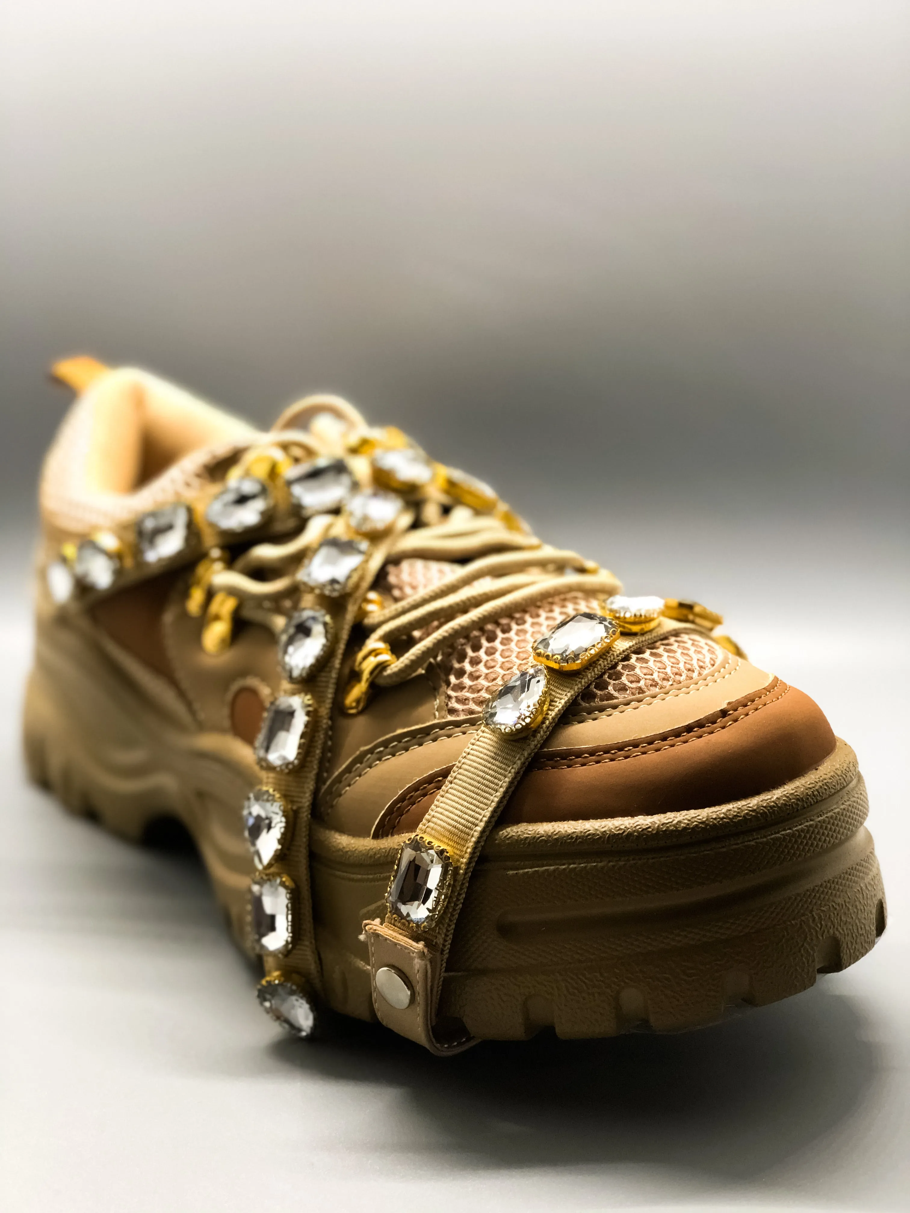 Tan Mesh Trim Jeweled Straps Lug Sole Sneaker