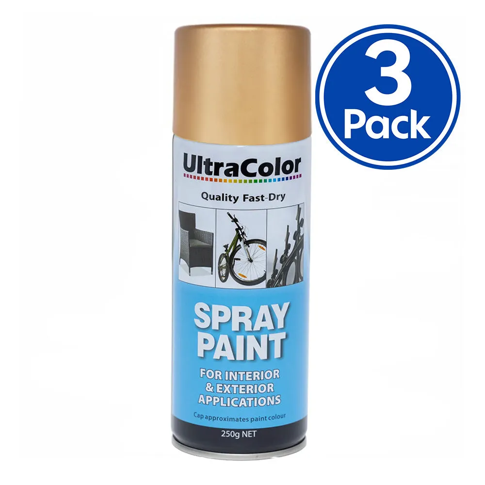 ULTRACOLOR Spray Paint Fast Drying Interior Exterior 250g Gold x 3 Cans